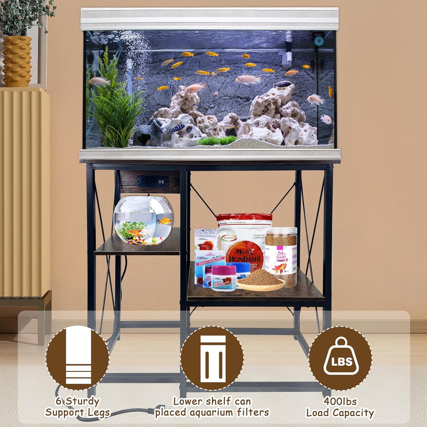 20-37 Gallon Fish Tank Stand with Power Outlet, 30.7"x13.8" Metal Frame Fish Stand, 3-Tier Wood Aquarium Stand, 400LBS Capacity Reptile Terrarium Stand