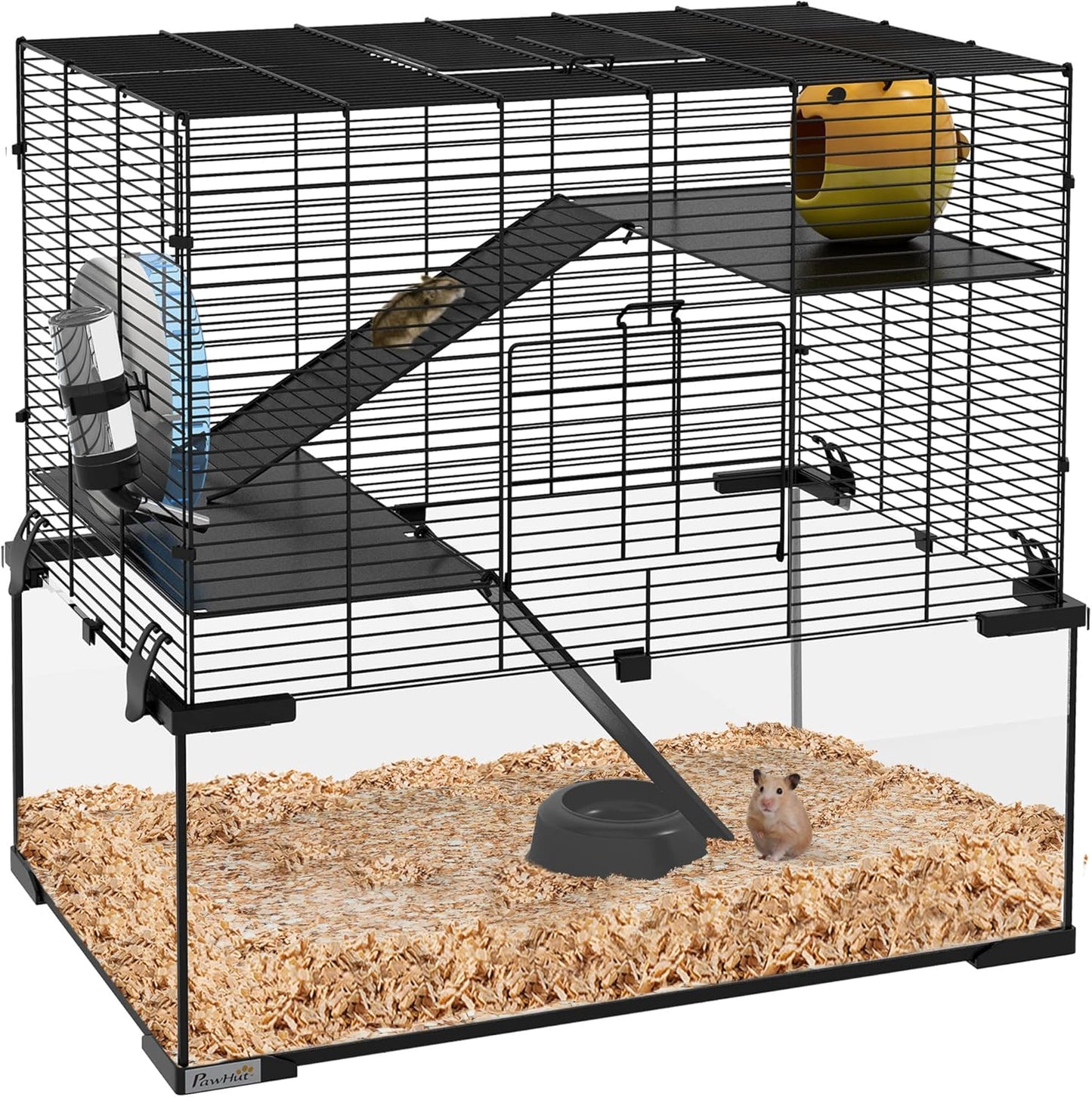 PawHut Large Hamster Cage with Deep Tempered Glass Bottom, 3 Tiers Hamster Tank with Running Wheel, Hut, Water Bottle, Dish, Rat Cage for Syrian, Dwarf, Gerbils, Mouse, 23.5" x 16" x 22.5", Black