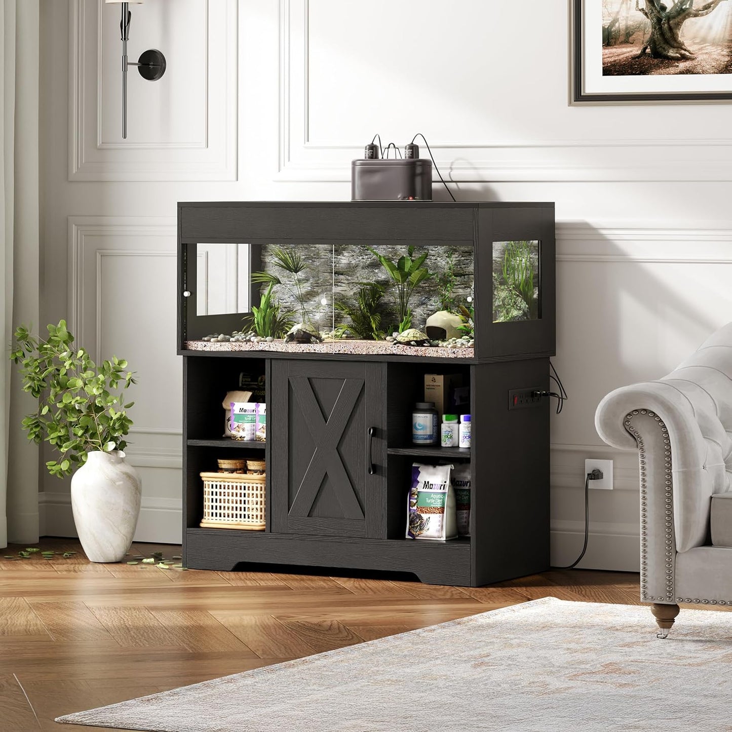 40 Gallon Reptile Terrarium Tank with Storage Cabinet, Reptile Tank with Stand, for Leopard Geckos, Corn Snakes, Juvenile Pets, Sliding Acrylic Doors, Mesh Top, Power Outlet, Black PX03RTB