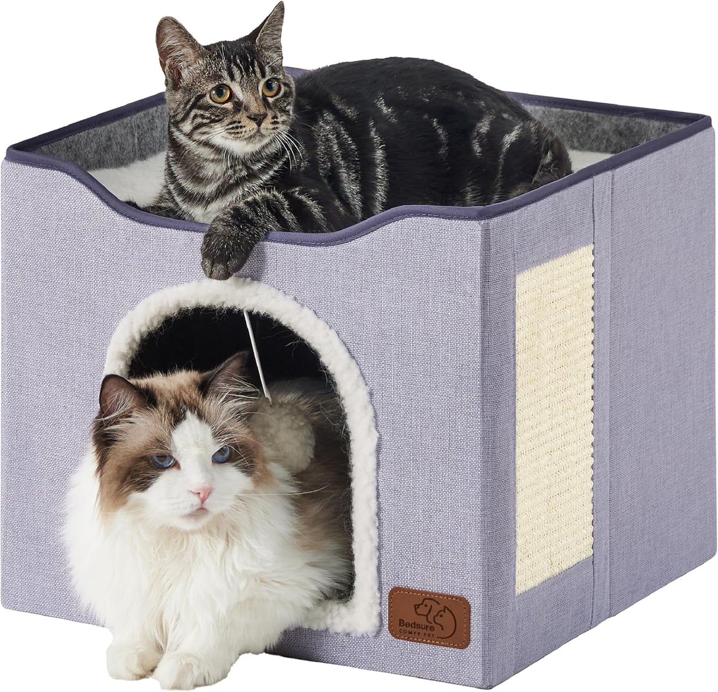 Bedsure Cat Beds for Indoor Cats - Large Cat Cave for Pet Cat House with Fluffy Ball Hanging and Scratch Pad, Foldable Cat Hideaway, 16.5x16.5x13 inches, Cloud Purple