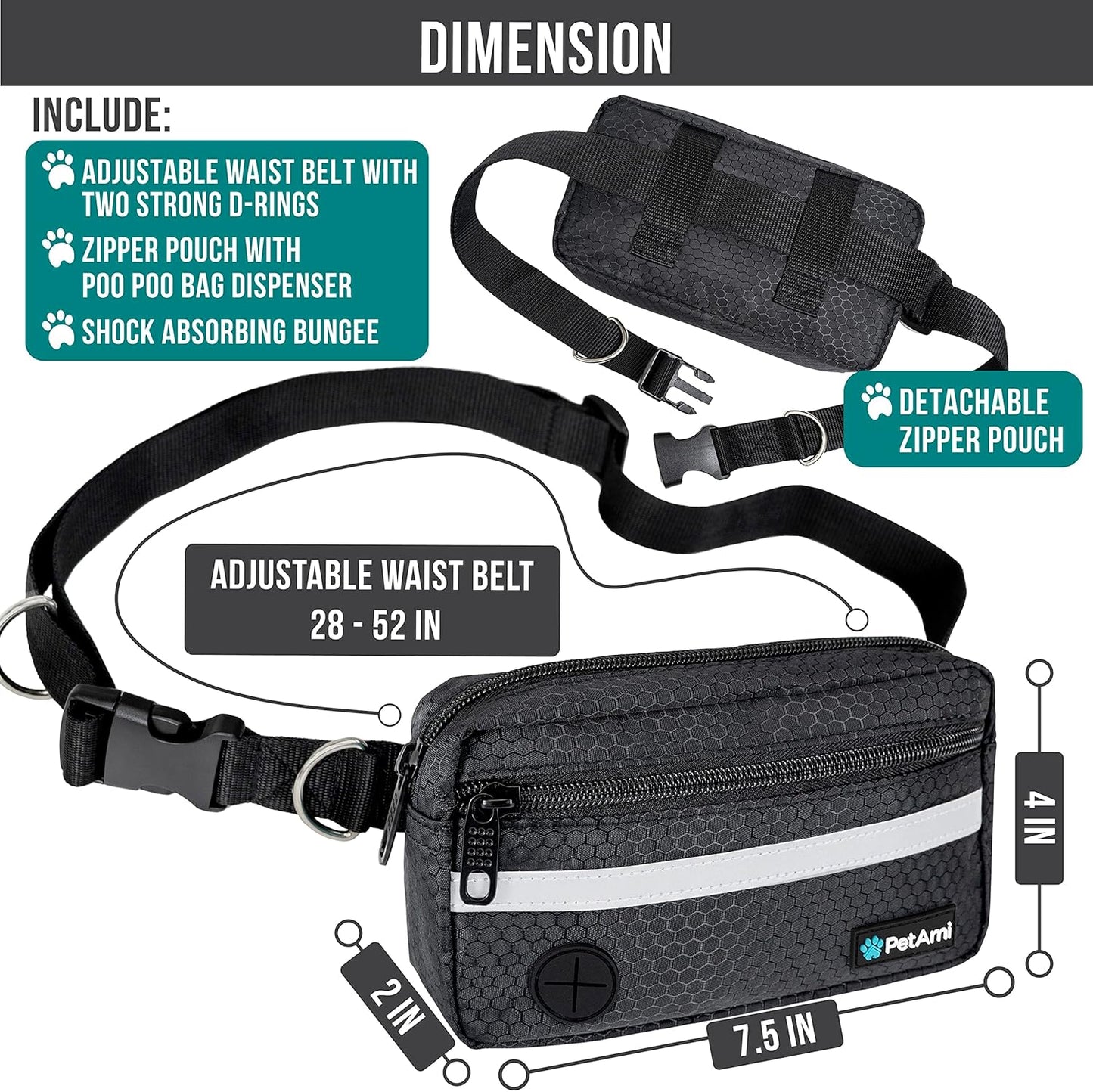 PetAmi Hands Free Dog Leash, Dog Running Leash Belt for Walking Jogging, Dog Waist Zipper Pouch Fanny Pack with Poop Bag Dispenser, Dual Padded Handle Bungee Leash for Small Medium Large Dogs, Double