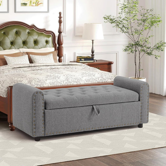Ottoman with Storage, Tufted Storage Bench for Bedroom, 48" Fabrics End of Bed Bench, Upholstered Entryway Shoe Benches with Rolled Arm & Inner Zipper, Window Ottomans Chest with Rivets, Drak Grey