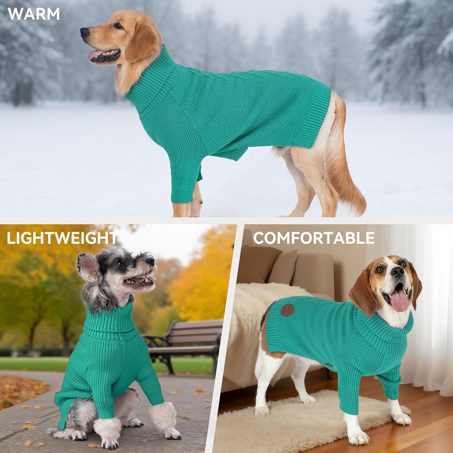 cyeollo Warm Turtleneck Large Dog Sweater, Stretchy & Cozy Knit Doggy Sweater with Sleeves Fall Winter Cold Weather Big Dog Clothes Like Doberman Labrador, Aqua Green XXXL