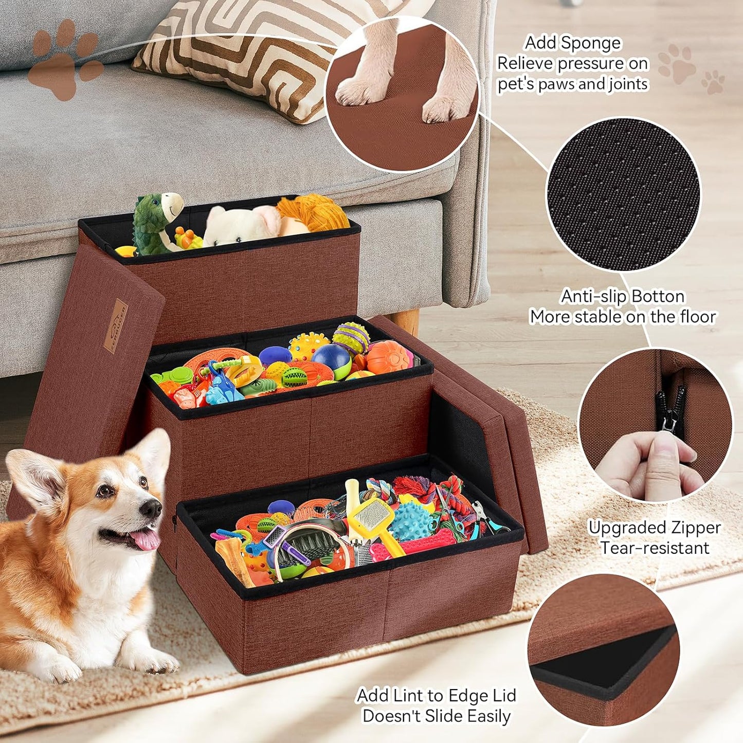 Dog Stairs with Storage 18" H, 3-Step Wider Dog Steps for Small/Medium/Large Old Dogs Cats, Folding Sturdy Pet Stairs Climbing Bed Couch, Ramp for Car Hold Up to 200 lbs (Brown, No Condo)
