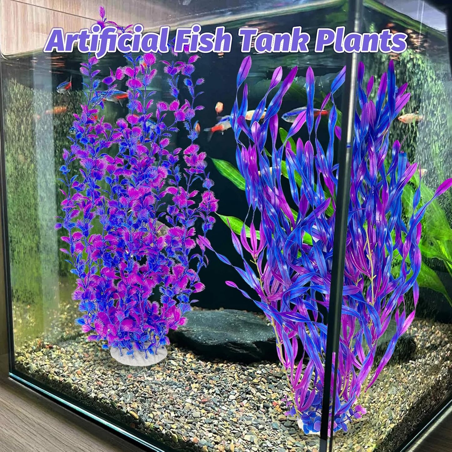 Hamiledyi Tall Aquarium Plants 23 Inches - Fish Tank Decorations, Artificial Green Water Plants Grass Cluster, Soft Plastic Fake Decor 2PCS（Purple Style C）