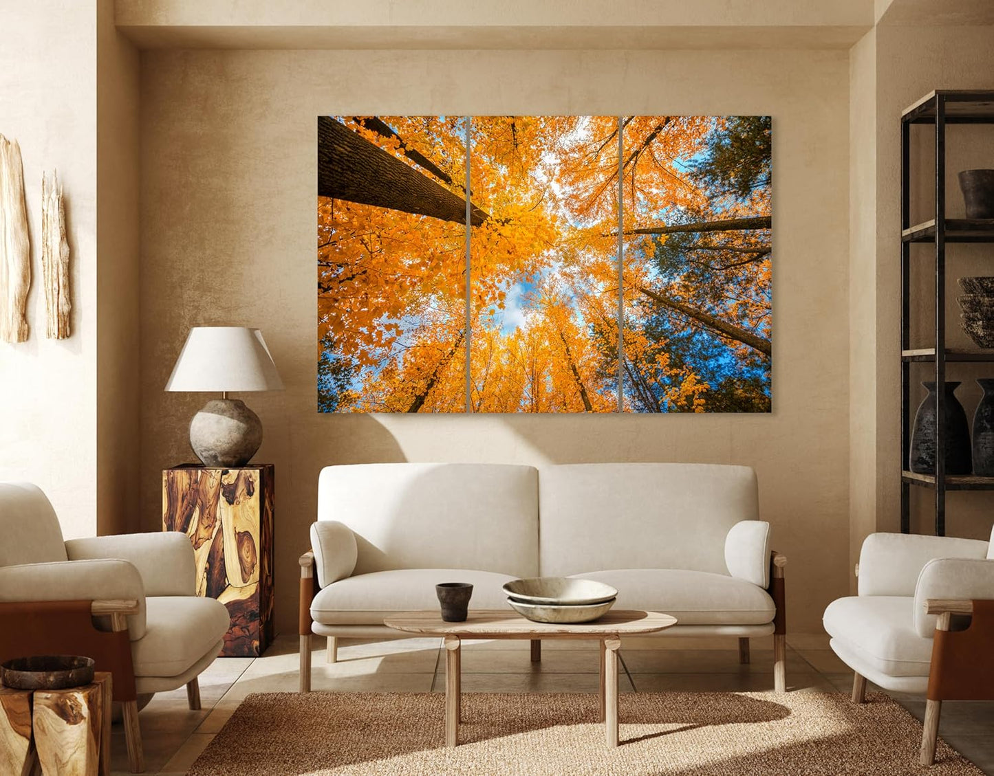 Nature Wall Art Prints - Ocean Forest Mountain Lake Canvas Landscapes - Small to Extra Large Living Room Bedroom Kitchen Bathroom Décor (Blue Sky Through Yellow Autumn Trees, 35L" x 53W" - 3 Panels)
