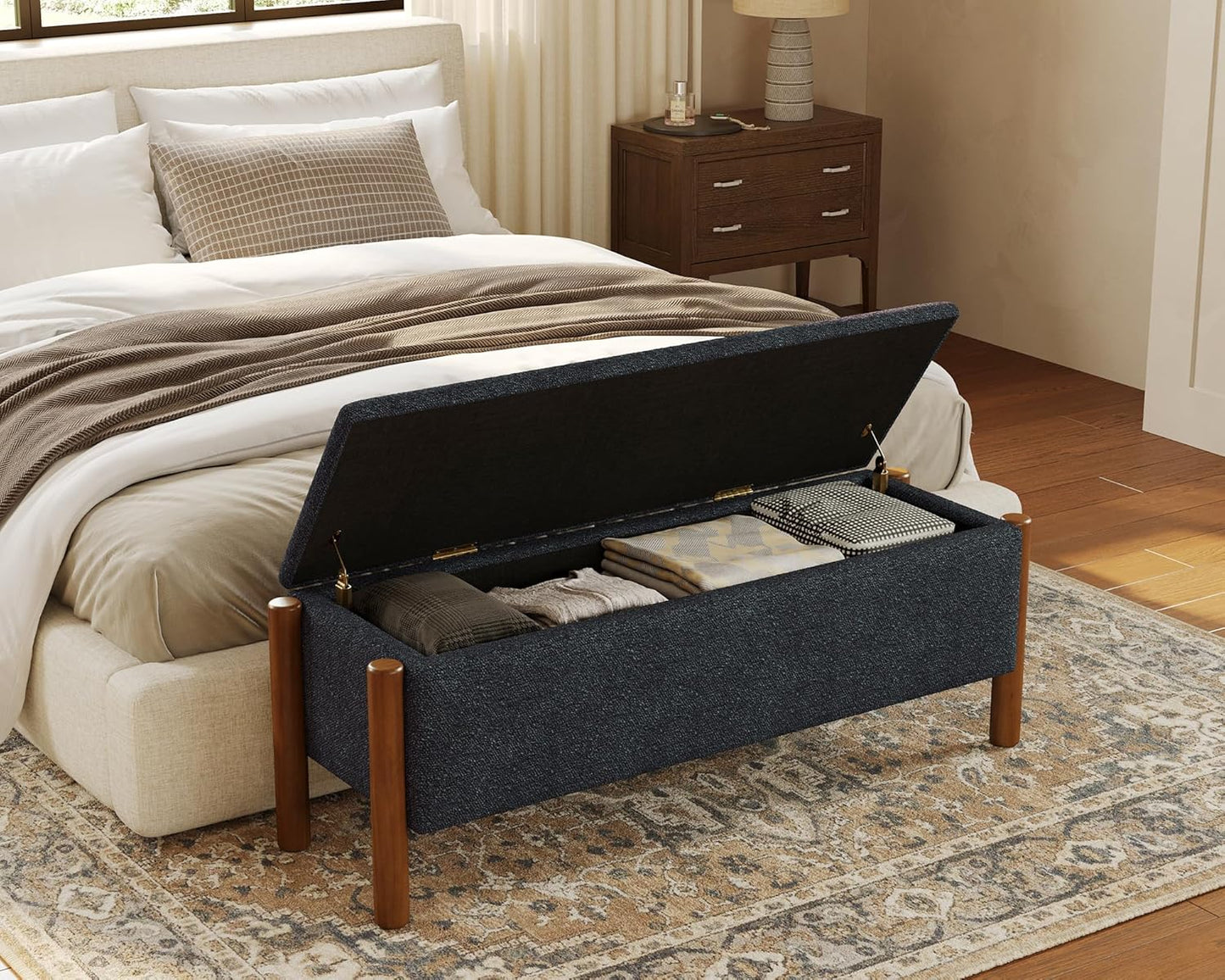 Storage Ottoman Bench, End of Bed Bench for Bedroom, 47" Boucle Upholstered Entryway Shoe Seat Bench, Holds up to 660 lb Storage Ottoman, Padded Blanket Chest Stool Foot Rest for Living Room Blue