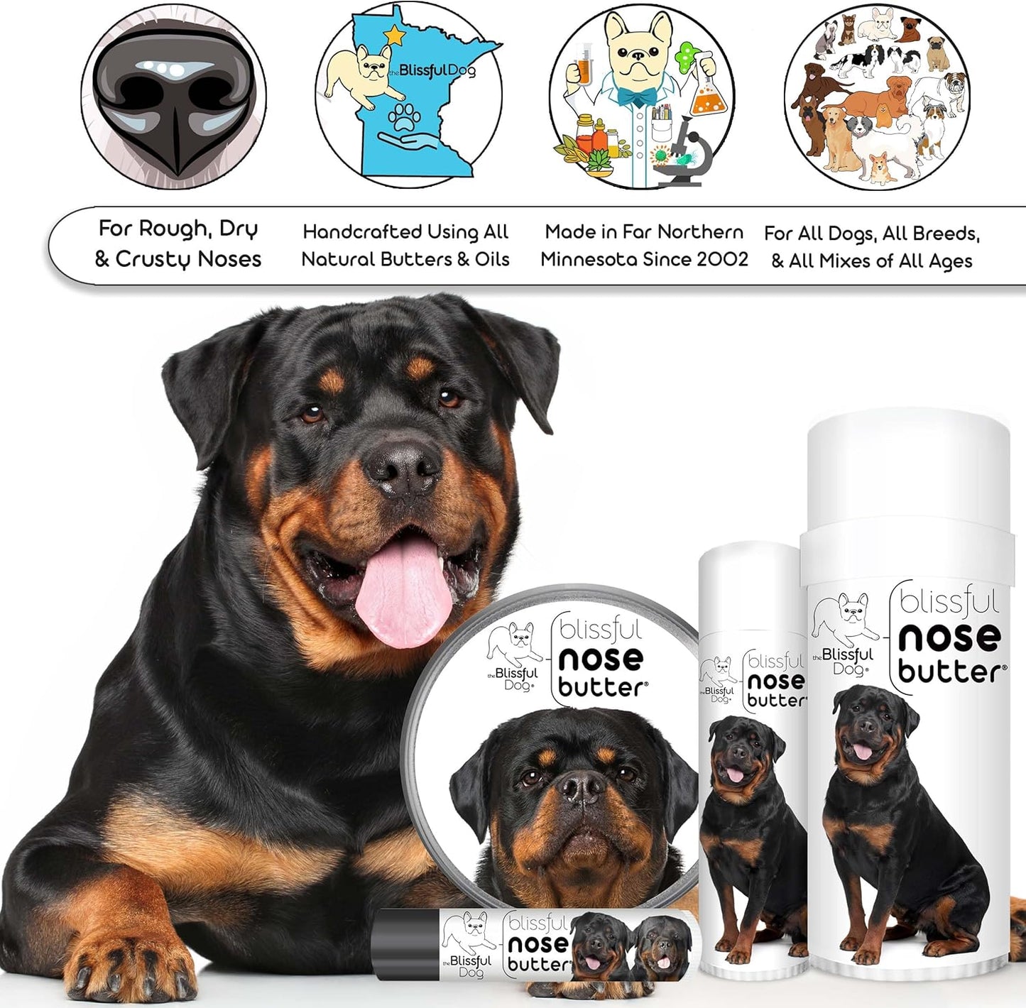 The Blissful Dog Rottweiler Nose Butter for Dry, Cracked Skin, Lick-Safe Dog Nose Balm with Moisturizing Shea Butter, Almond, Olive, and Essential Oils, Pet Supplies, Uncented, 0.15 oz.