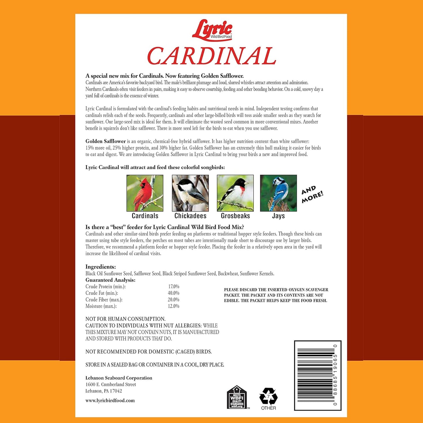 Lyric Cardinal Wild Bird Seed - Sunflower & Safflower Premium Bird Food Mix for Cardinals, Grosbeaks & Blue Jays - 18 lb bag