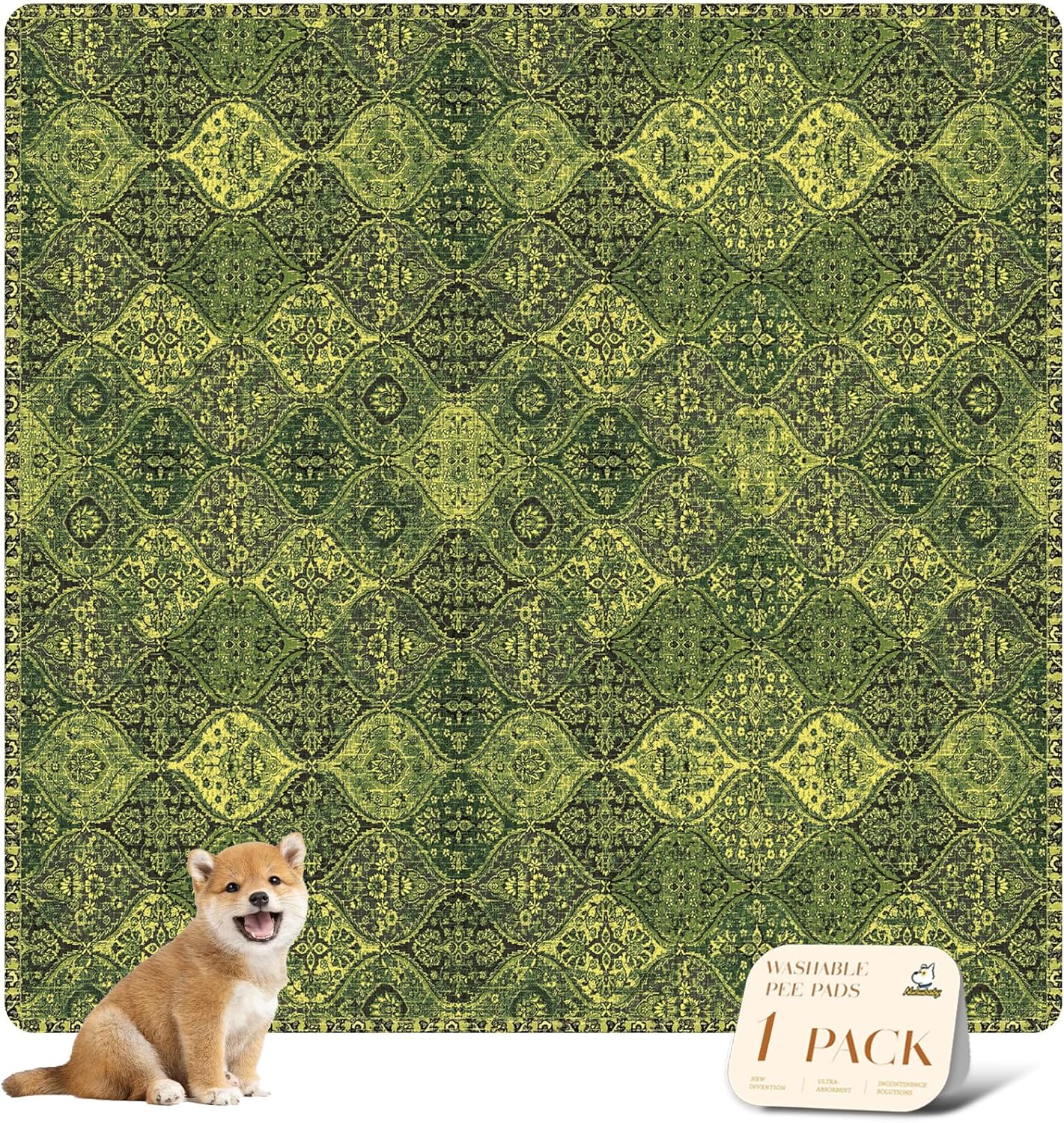 nunubaby Washable Pee Pads for Dogs, Stylish, Non-Slip and Leak-Proof Pee Pads. Reusable Potty Pads for Dogs for Crates and Floors.(Green/Multi, 72" x72")