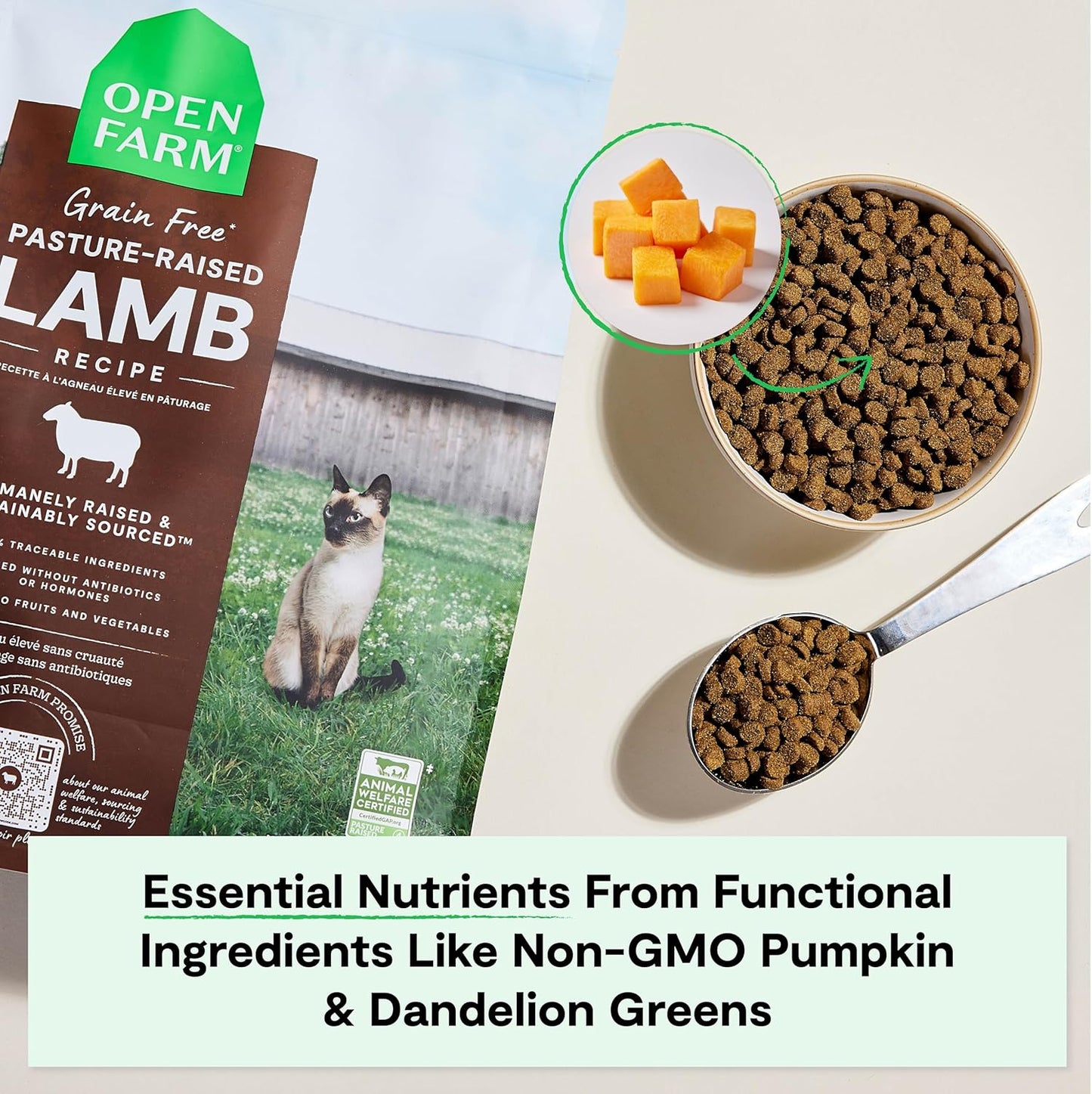 Open Farm, Grain Free Dry Cat Food, High-Protein Kibble for a Complete & Balanced Diet, Non-GMO Fruits & Vegetables, Prebiotic Fibers to Support Digestion, Pasture-Raised Lamb Recipe, 8lb Bag