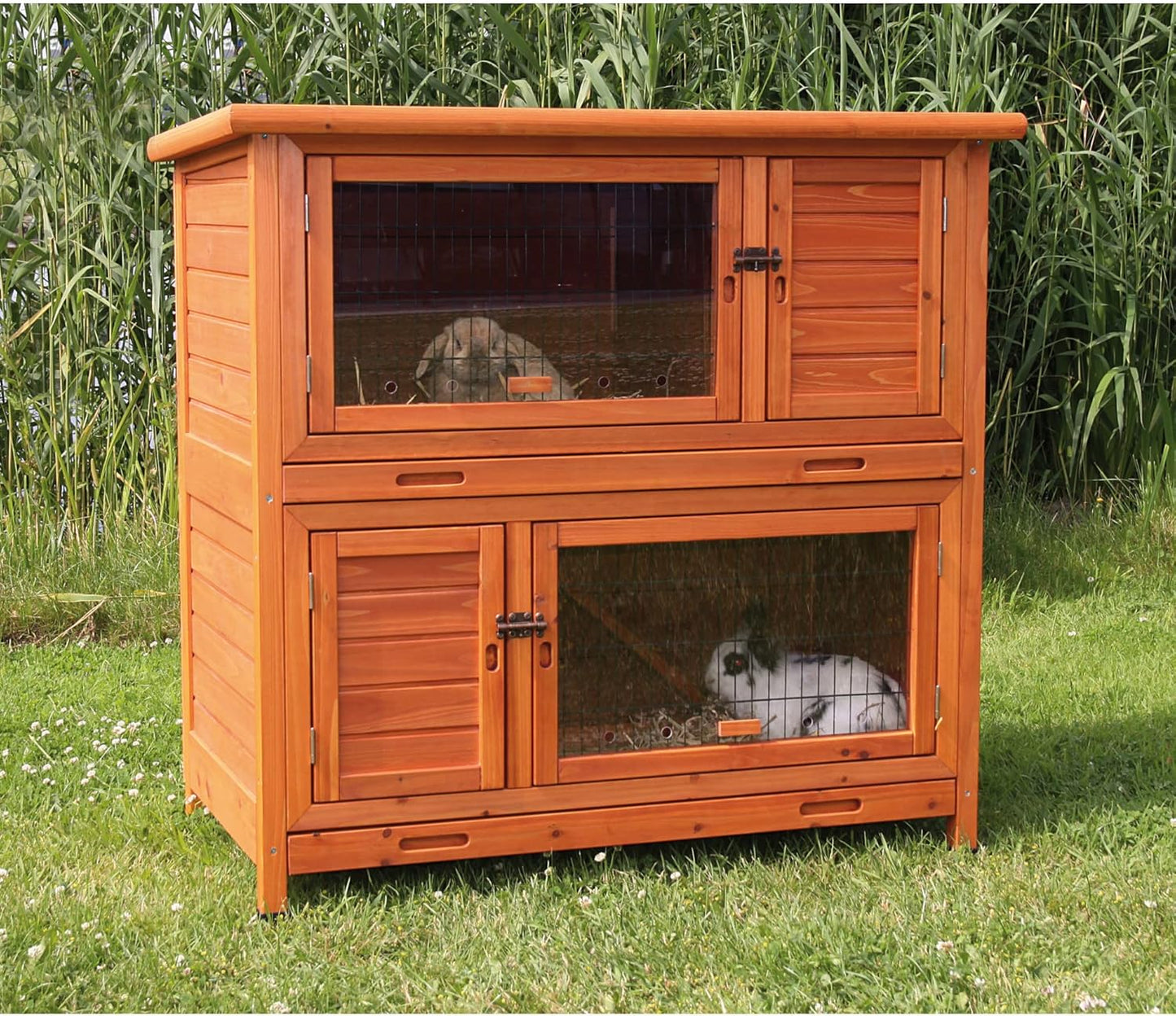 TRIXIE natura Insulated Rabbit Hutch, 2-Story Outdoor Bunny House, Small Animal Hutch with Ramp, Removable Window Panes, Ideal Shelter for Rabbits or Guinea Pigs, Brown