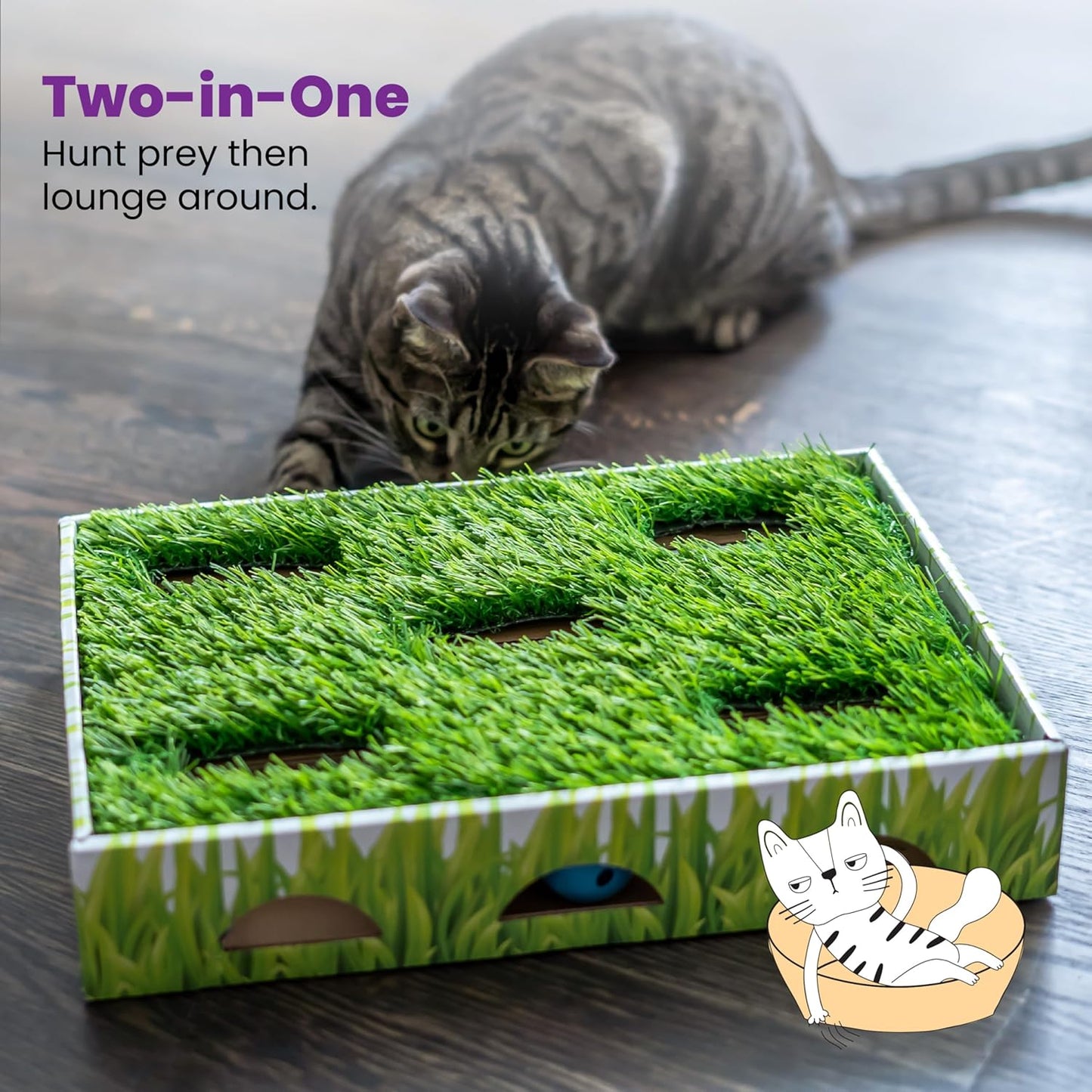 Catstages Grass Patch Hunting Box Interactive Bat & Swat Game for Indoor Cats, 3 Jingle Balls Included, Green