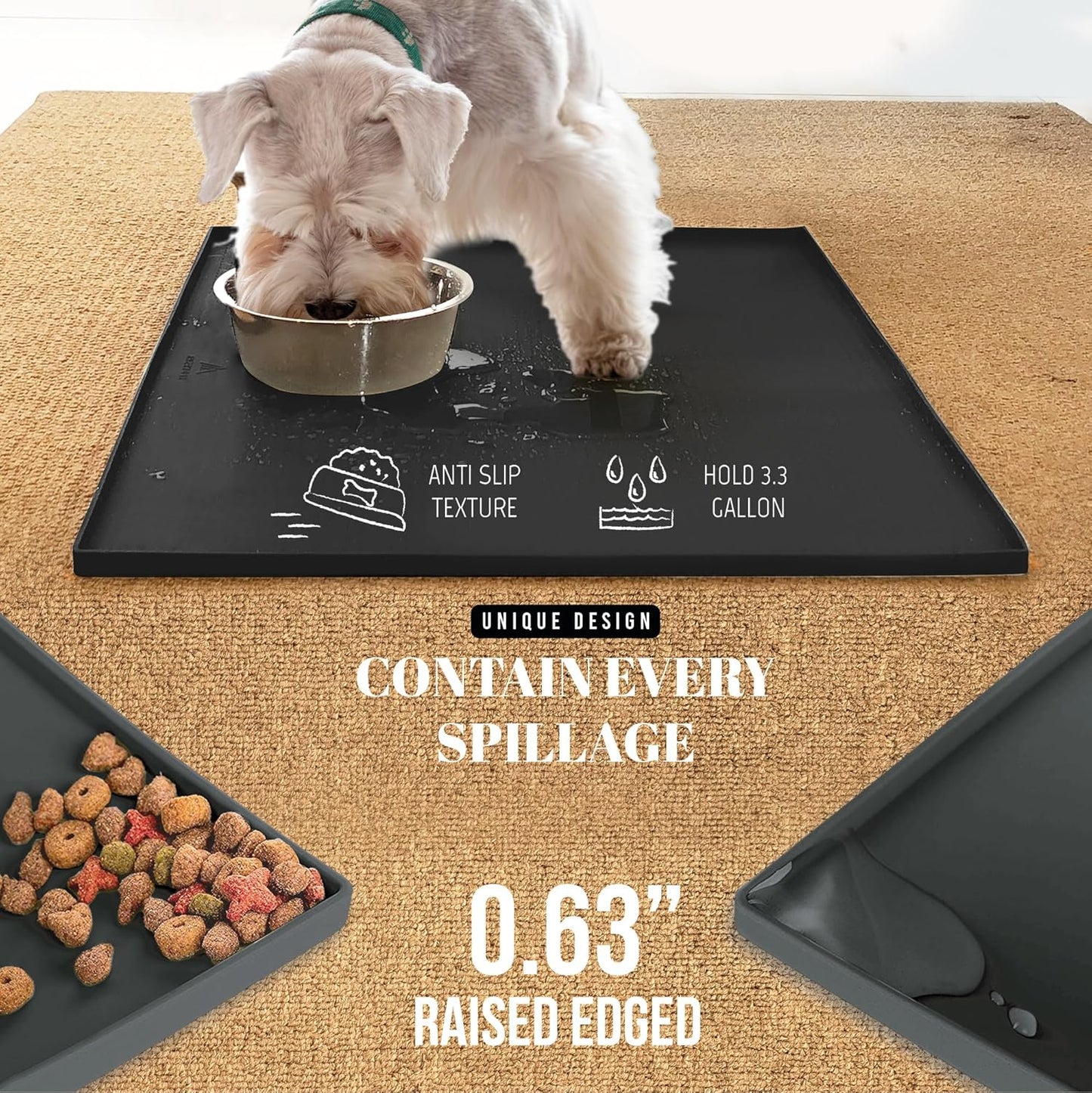 AVERYDAY 18x10'' Silicone Dog Mat for Food and Water, 0.63'' Edge Dog Food Bowl Mats for Floor Waterproof, Dogs Water Mat for Sloppy Drinker, Non Slip Rubber Pet Feeding Mats for Indoor Dogs and Cats