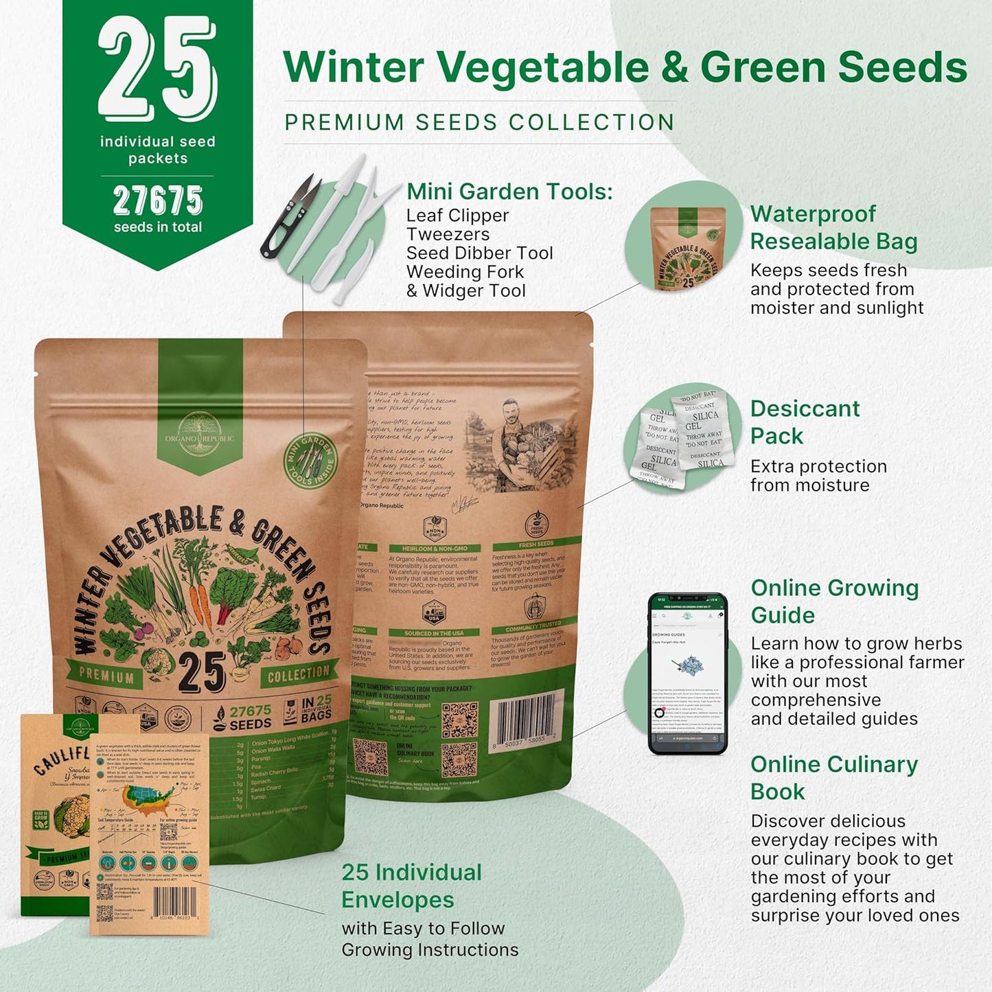 Organo Republic 25 Winter Vegetable & Green Seeds Variety Pack for Outdoors & Indoor Home Gardening 27670+ Non-GMO Heirloom Seeds: Broccoli Beet Carrot Collard Lettuce Radish Spinach Pea Kohlrabi