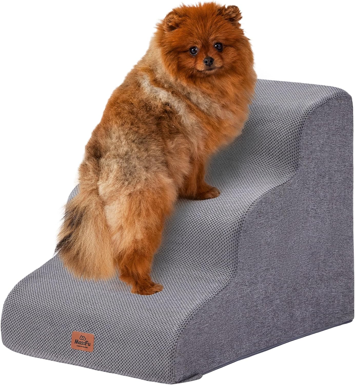 Gray Curved Dog Stairs Ramp for Small Dogs & Cats 17.1" H, 3-Step Dog Steps for Couch Sofa and Chair, Pet Stairs for Cats, Non-Slip Balanced Pet Steps