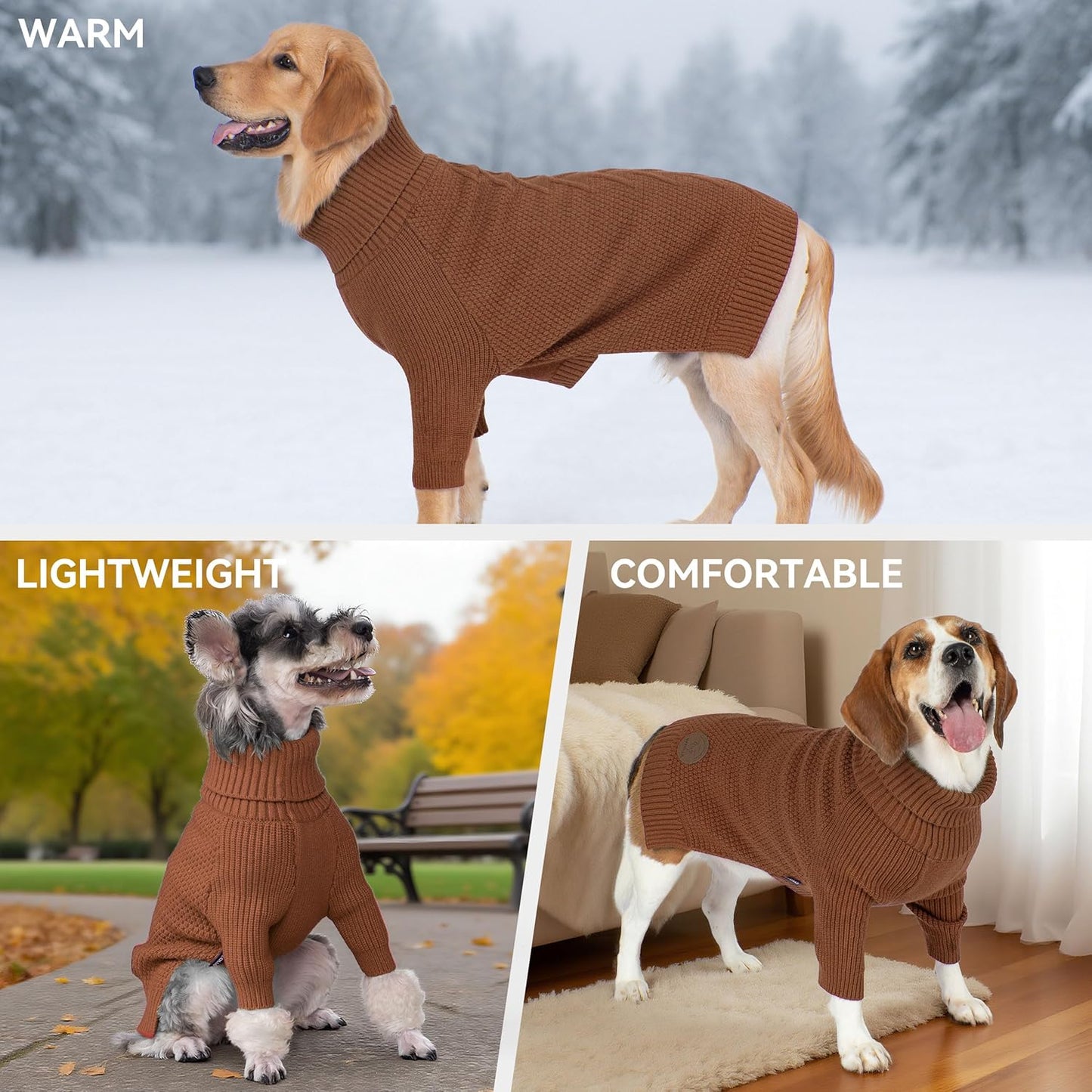 cyeollo 3XL Dog Sweaters for Large Dogs Boy, Stretchable & Cozy Warm Knit Doggy Sweater with Sleeves Turtleneck Fall Winter Cold Weather Big Dog Clothes Like Doberman Labrador, Brown XXXL