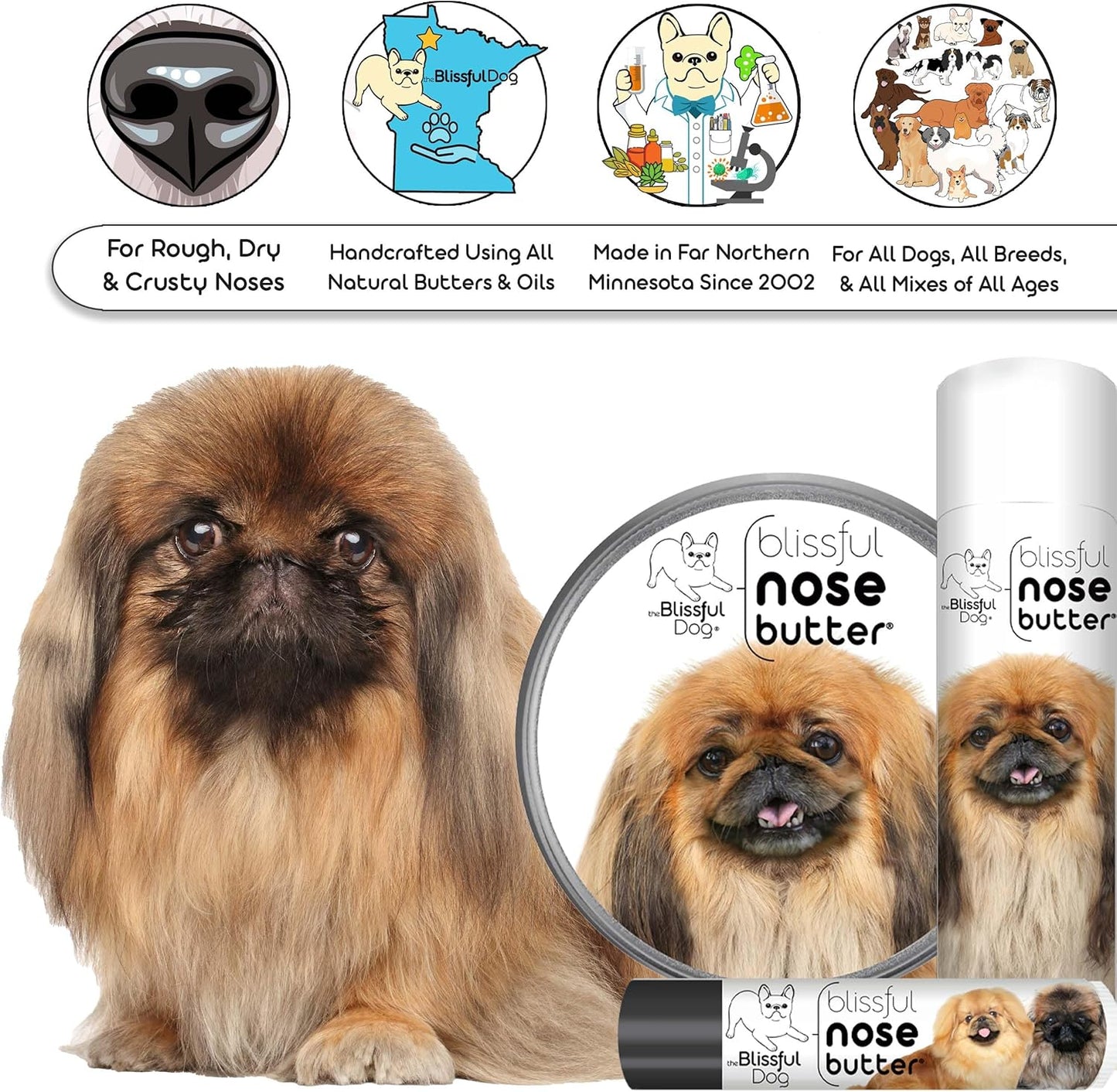 The Blissful Dog Pekingese Nose Butter for Dry, Cracked Skin, Lick-Safe Dog Nose Balm with Moisturizing Shea Butter, Almond, Olive, and Essential Oils, Pet Supplies, Uncented, 4 oz.