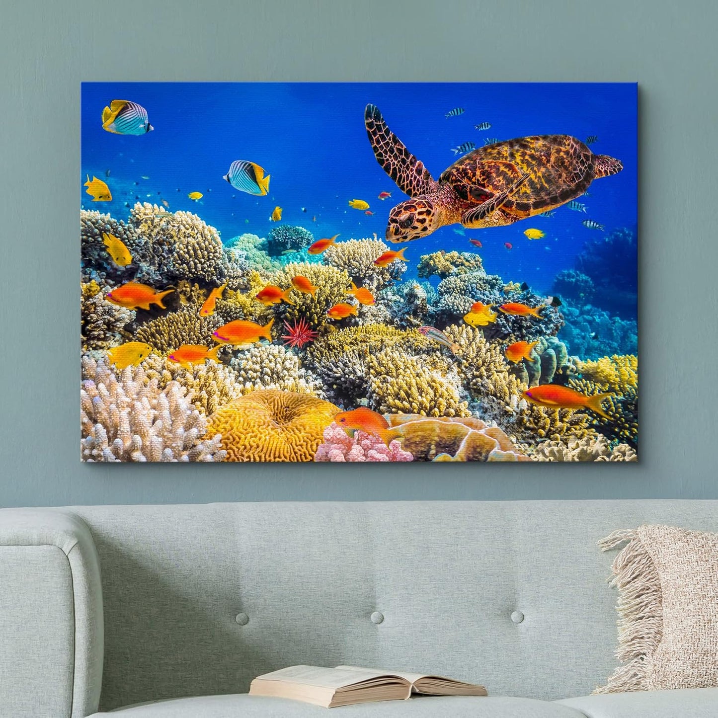 wall26 Canvas Print Wall Art Neon Coral Reef Blue Hippo Tang Fish Turtle Nature Animals Photography Realism Rustic Scenic Landscape Wilderness Colorful for Living Room, Bedroom, Office - 12"x18"
