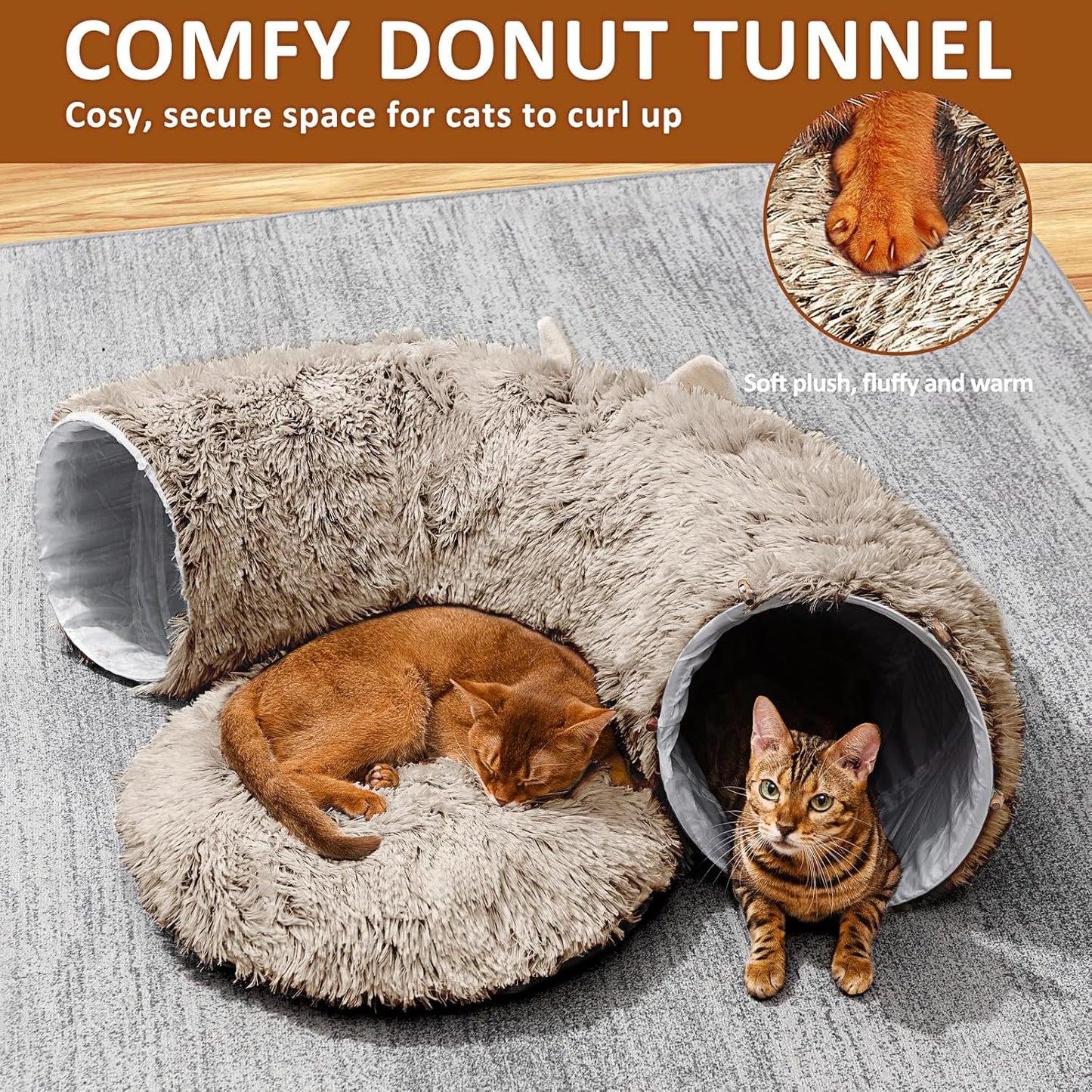 Cat Tunnel with Cat Bed for Indoor Cats, Soft Plush Peekaboo Cat Cave Donut Tunnel, Multifunctional Playground Toys Hideplace for Small Medium Large Kittens, Rabbit, Ferret, Brown