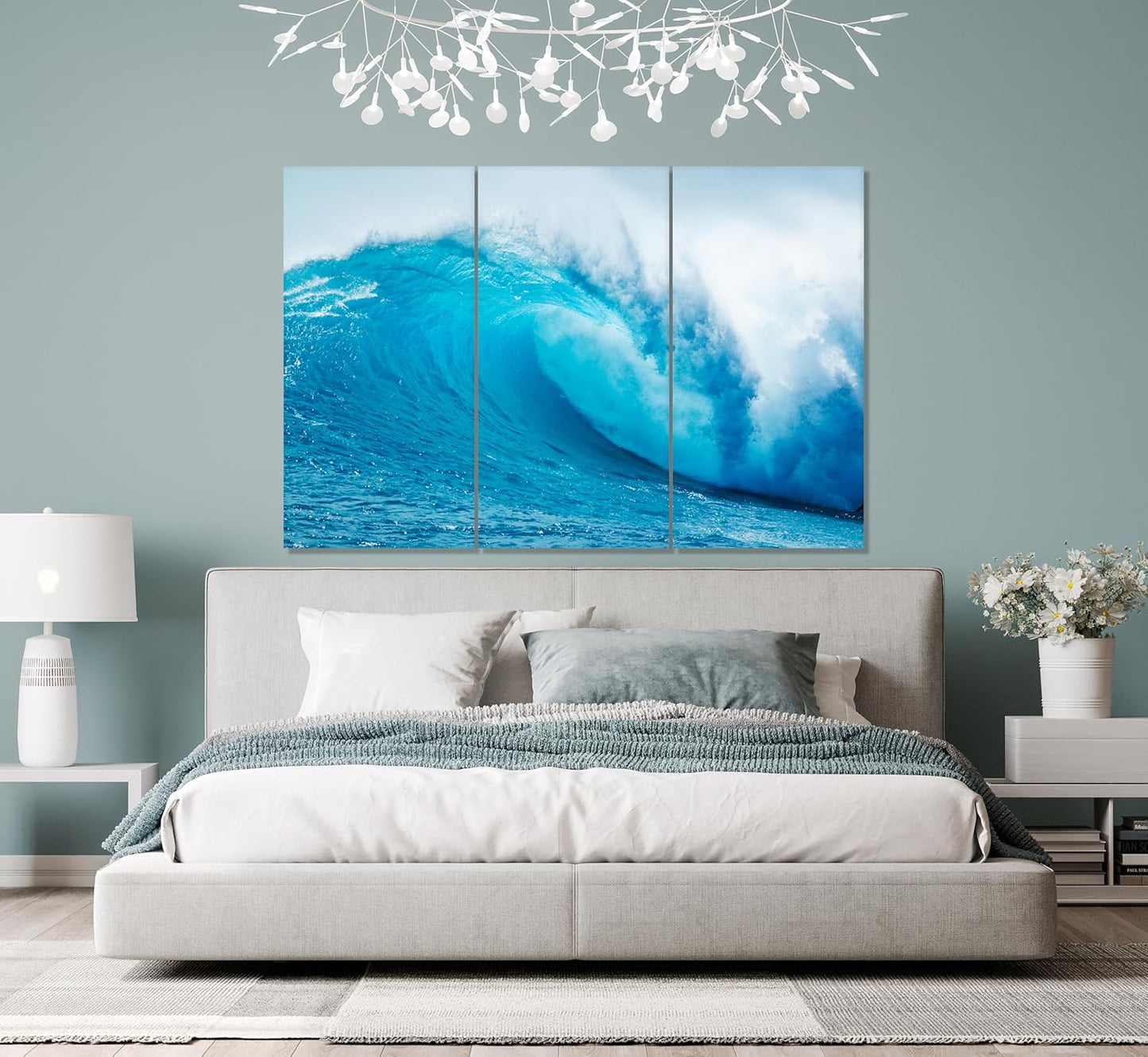 Nature Wall Art Prints - Ocean Forest Mountain Lake Canvas Landscapes - Small to Extra Large Living Room Bedroom Kitchen Bathroom Décor (Blue Ocean Wave, 39L" x 59W" - 3 Panels)