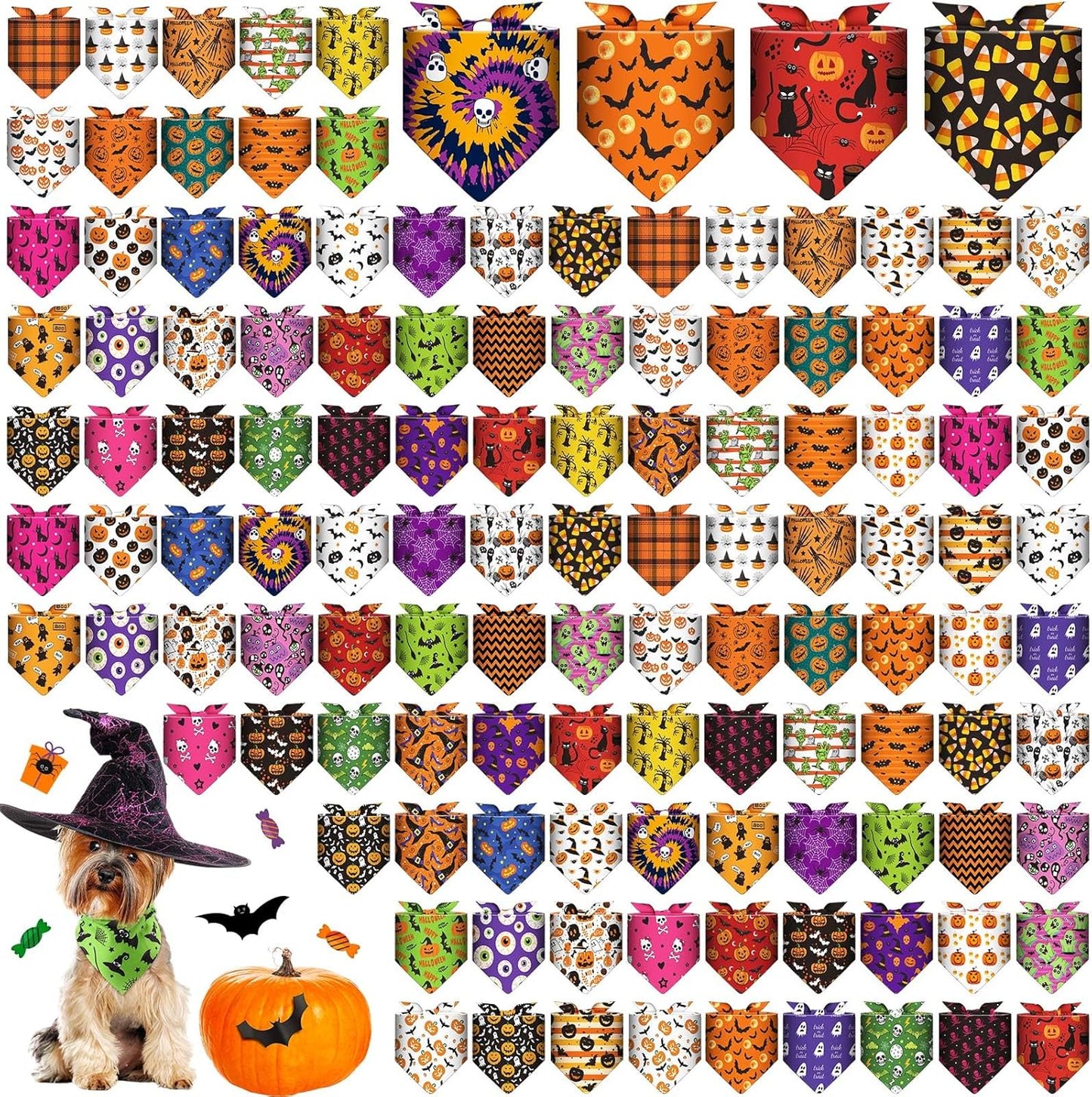 Sanwuta 120 Pcs Halloween Dog Bandanas Bulk, 40 Styles Adjustable Triangle Pet Scarves, Soft Washable Halloween Dog Cat Accessories for Small Medium Large Dogs, Puppy Costumes and Party Dress up