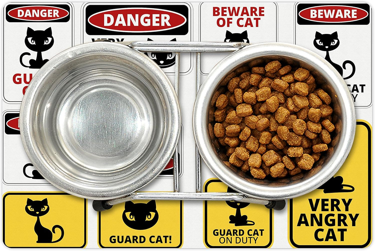 Lunarable Funny Pet Mat for Food and Water, Beware Guard Cat Signs Humorous Comic and Plates Warning Graphic, Non-Slip Rubber Mat for Dogs and Cats, 18" X 12", Yellow Red