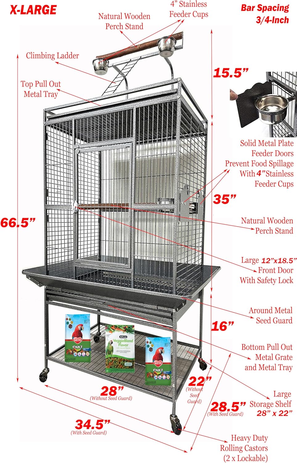 X-Large Elegant and Durable Wrought Iron Play Ground Perch Stand Top Climbing Ladder Bird Parrot Rolling Metal Cage with Around Seed Guard Storage Shelf On Heavy Duty Lockable Rolling Wheels