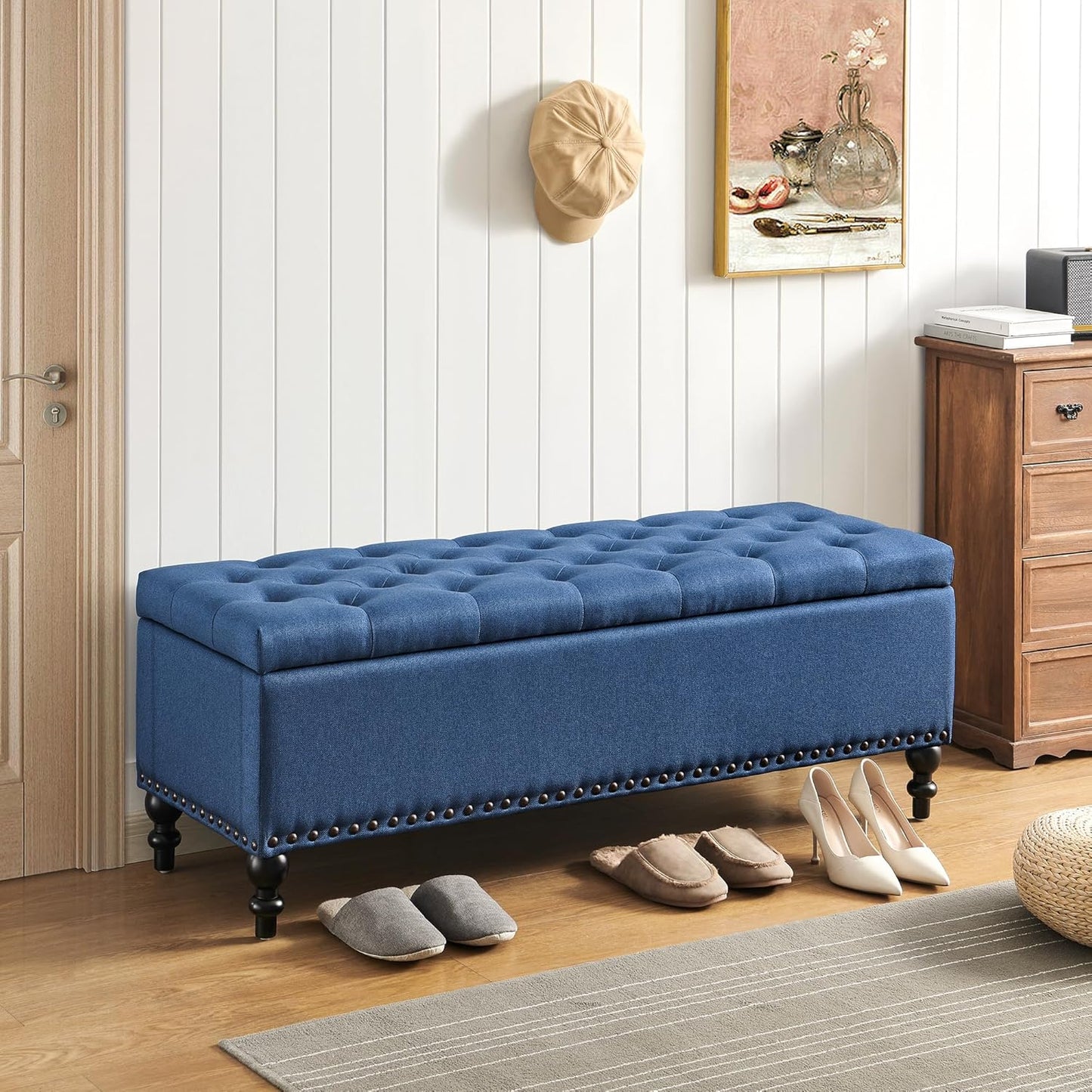 Ottoman with Storage,50.2-inch Upholstered End of Bed Storage Bench for Bedroom,for The Living Room,for Entryway, with Rivets & Button and Safety Hinges,Detachable (Blue)