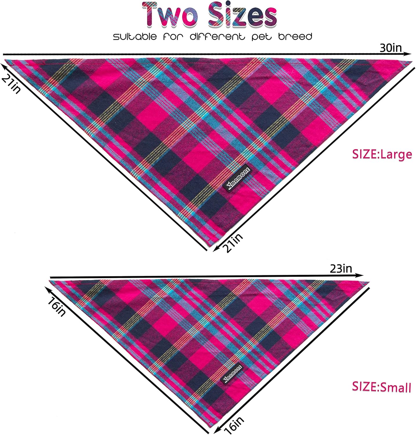 Adjustable Plaid Dog Bandanas,1PC Soft Washable Cotton Triangle Bib Kerchief Scarfs for Small Medium Large Dogs and Cats (Fuchsia&Blue, Small)