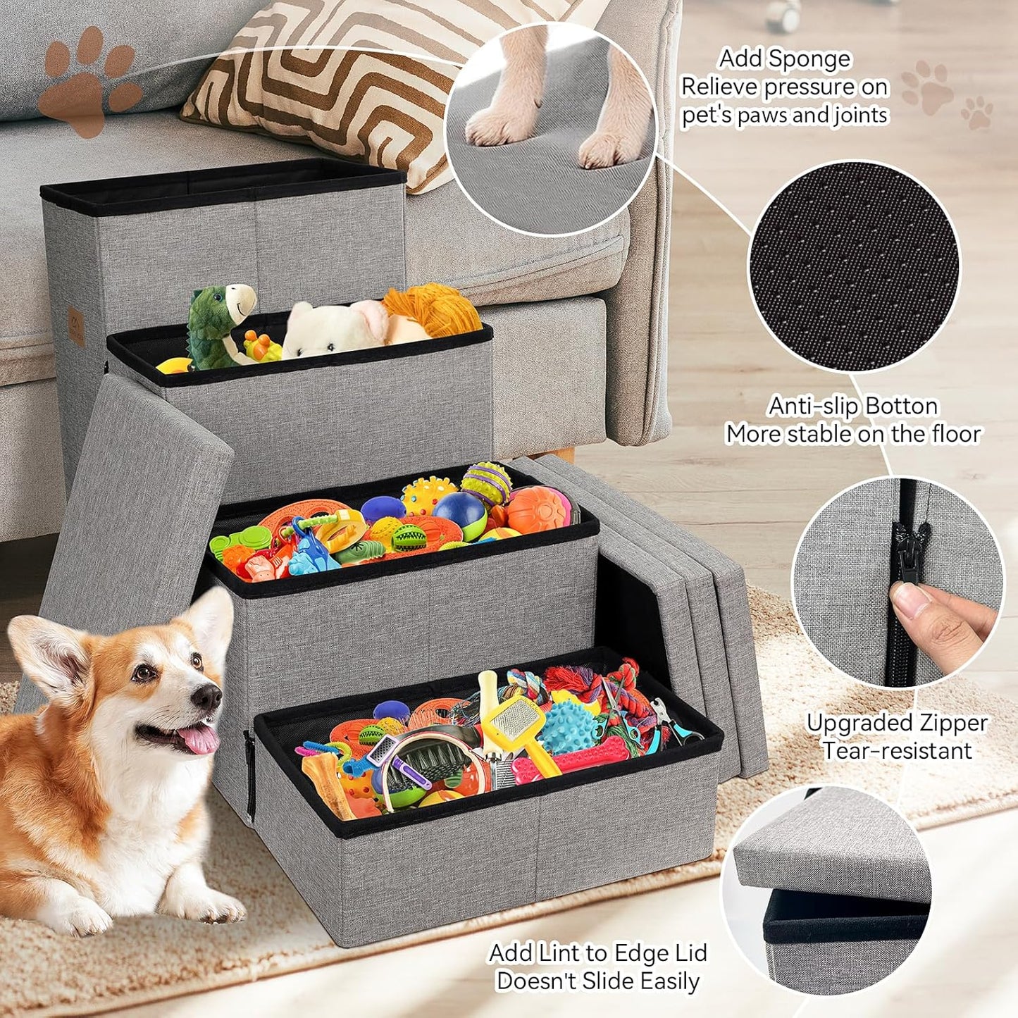 Dog Stairs 23" H, 4-Step Wider Dog Steps for High Beds Window, Folding Storage Pet Stairs Gift for Small/Medium/Large Old Dogs Cats, Ramp for Climbing Car Up to 200 lbs (Gray, with Condo)