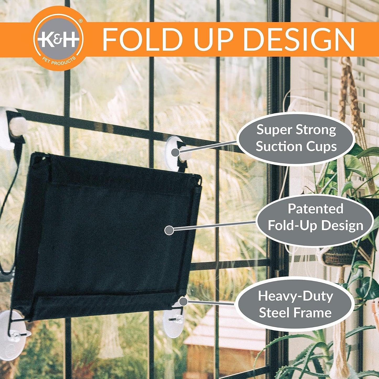 K&H Pet Products EZ Mount Cat Window Perch for Large Cats, Sturdy Kitty Sill Window Hammock Bed, Steel Frame, Sturdy Suction Cups, Washable Shelf Cover, Foldable - Fits 27"W X 23"H Glass Spaces