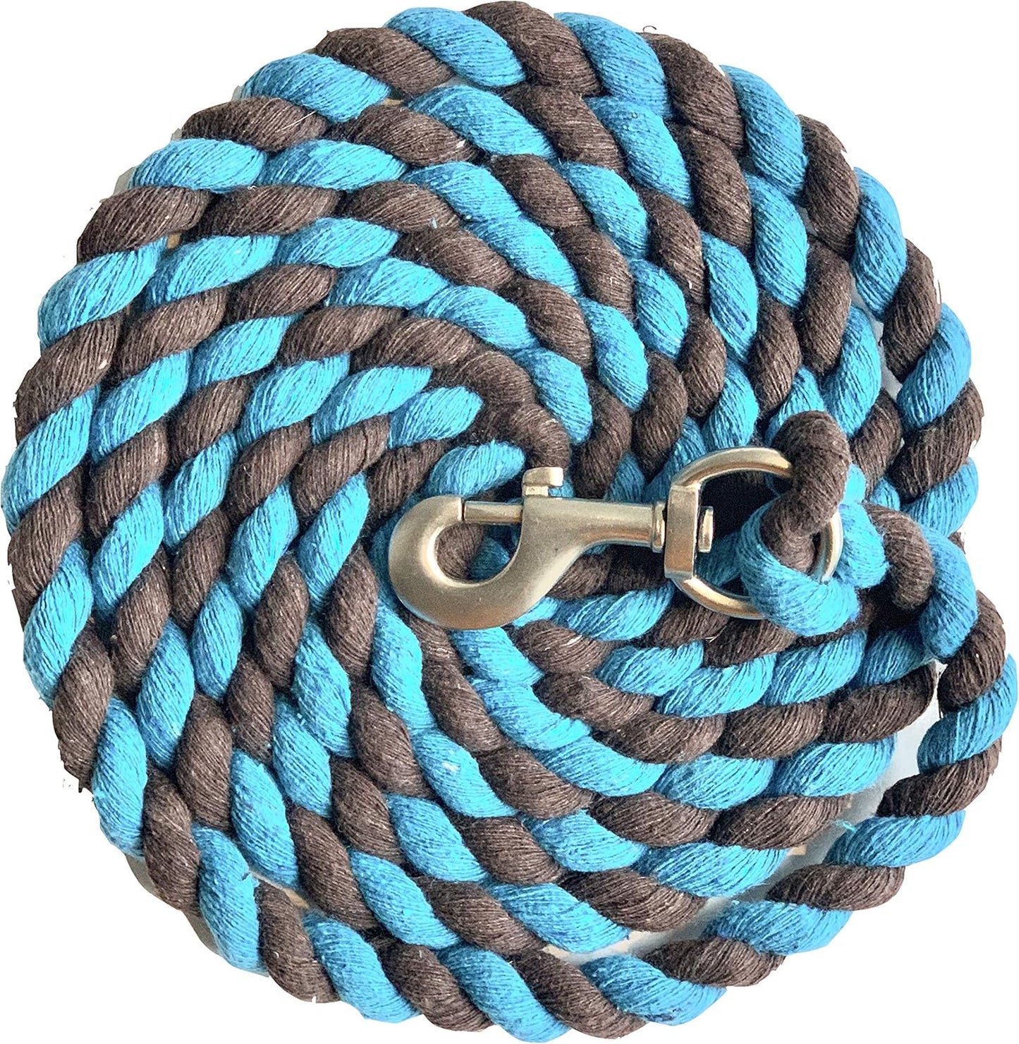 Majestic Ally Pack of 2 Solid Cotton Lead Rope for Horses & Livestock – 10 Foot Long and 5/8 inch Thick - Replaceable Heavy-Duty Satin Bolt Snap – Handmade – Soft, Broken in Feel (Turquoise -Brown)
